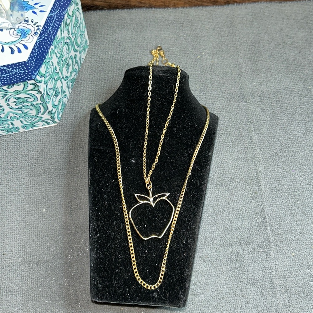 Gold Apple Pendant Necklace Barrel Clasp
